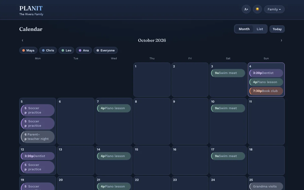 A month calendar for October with each family member shown in their own color, appointments such as a dentist visit, piano lessons, swim meets and soccer practice on their days, and a toggle between month and list views.
