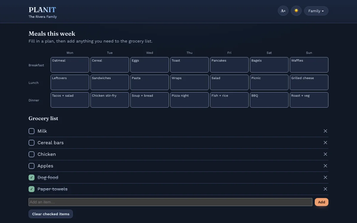 A page headed "Meals this week" with a seven-day grid of breakfast, lunch and dinner entries filled in, and below it a grocery list with some items ticked off.