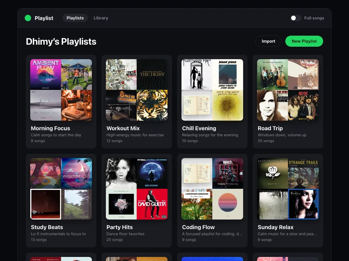 The Playlist app library: a grid of playlist cards, each with a four-cover album-art mosaic, a name, a description and a song count, with Import and New Playlist buttons.