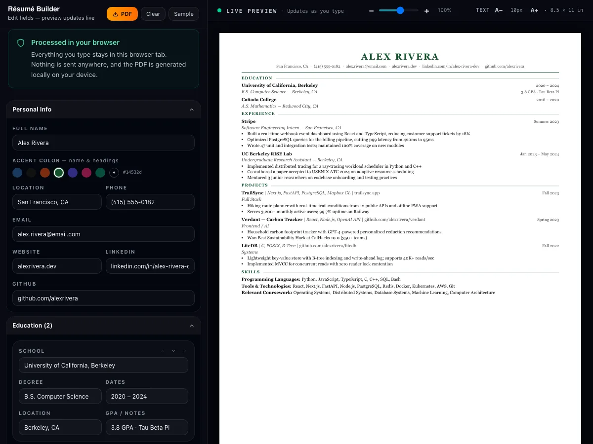 The Résumé Builder: a form of personal info, education and experience fields on the left and a live preview of the formatted résumé on the right, with a PDF download button.
