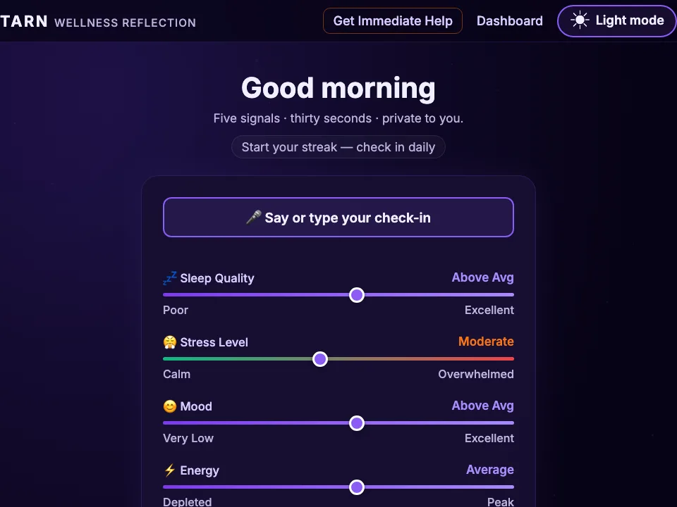 Tarn Wellness daily check-in: a voice-or-type button above five sliders for sleep, stress, mood, energy and focus, with a study and work hours field and a button to view the reflection.