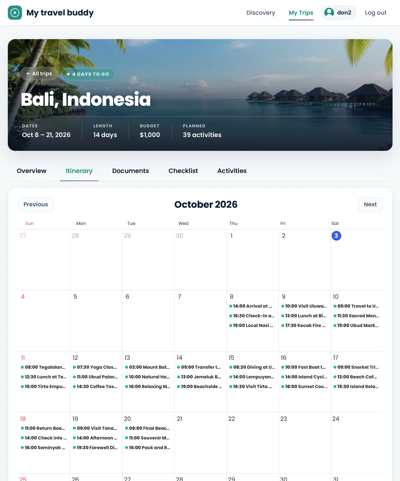 An October 2026 month grid with the trip dates filled in. Each day carries timed entries, such as arrival at the airport, check-in, a first dinner, temple visits, diving, cycling, beach clubs and a farewell dinner, with three or four to a day across the two weeks.