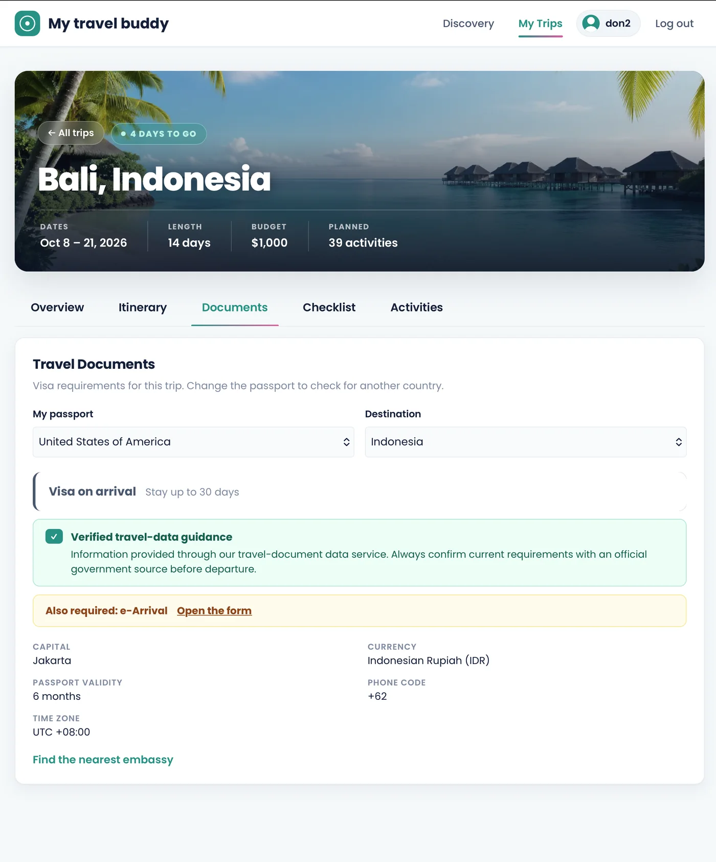 The Travel Documents tab, with a passport of United States of America and a destination of Indonesia. A panel reads "Visa on arrival" with a stay of up to 30 days, followed by a verified travel-data note saying the information comes from a travel-document data service and that current requirements should always be confirmed with an official government source before departure. An e-Arrival form is also required, with a link. Below: capital Jakarta, currency Indonesian Rupiah, passport validity 6 months, time zone UTC+08:00, phone code +62.